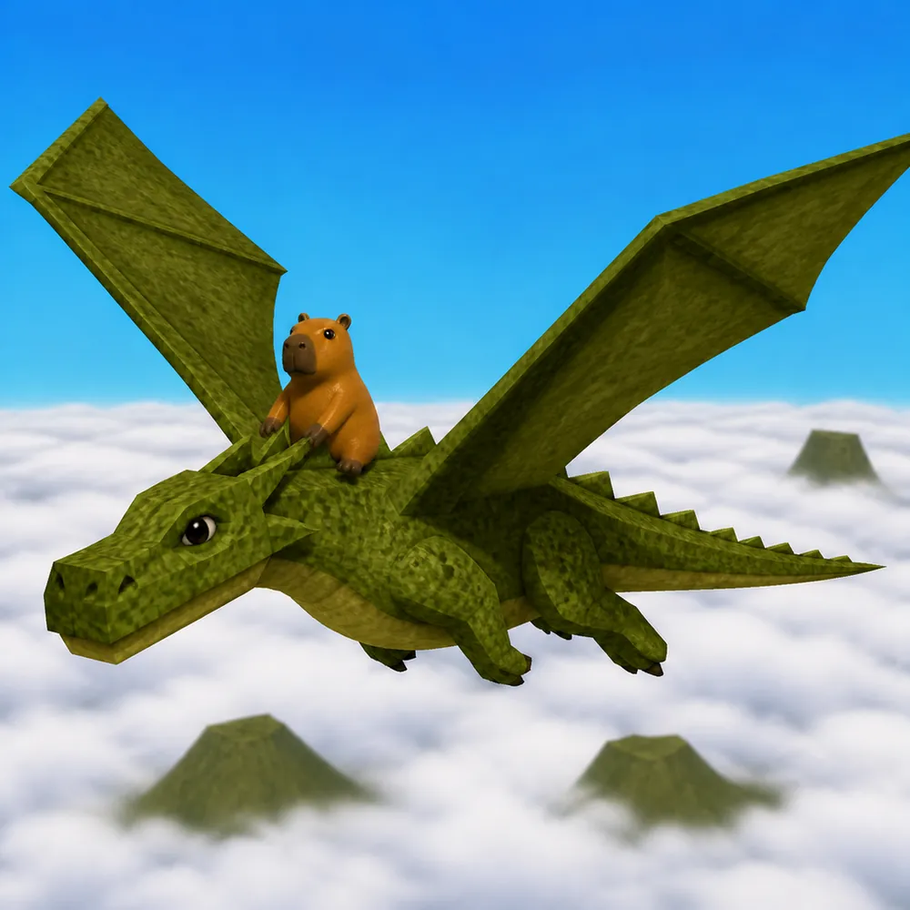 Kapy riding a green dragon above the clouds